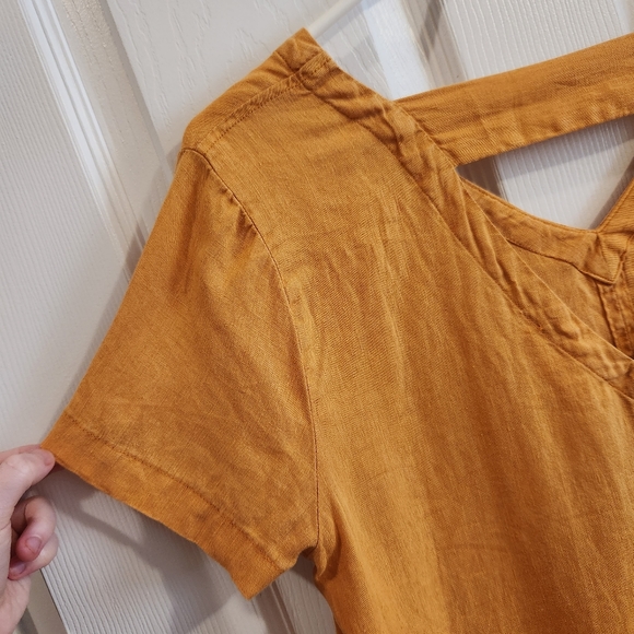 C&C California linen yellow orange short sleeve v-neck strappy tee blouse small - Picture 5 of 10